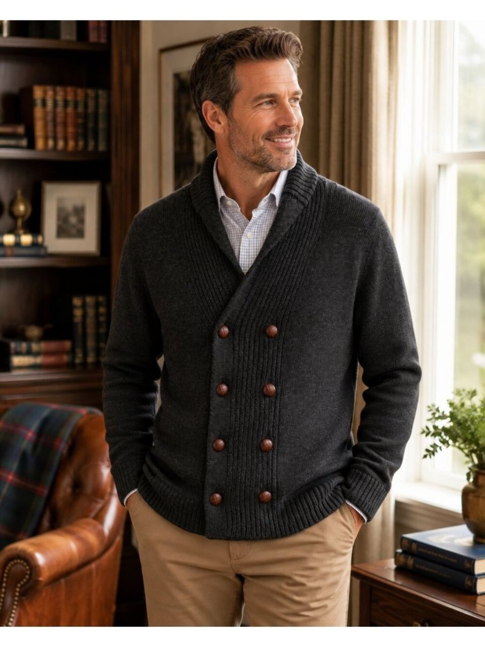 Charles Tyrwhitt Cardigan Sweater M Extra Fine Merino Wool Shawl Collar Gray